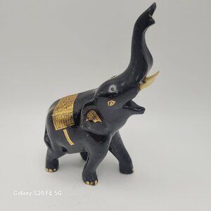 Hand Painted Lacquerware Elephant Sculpture Figurine Thai Black and Gold